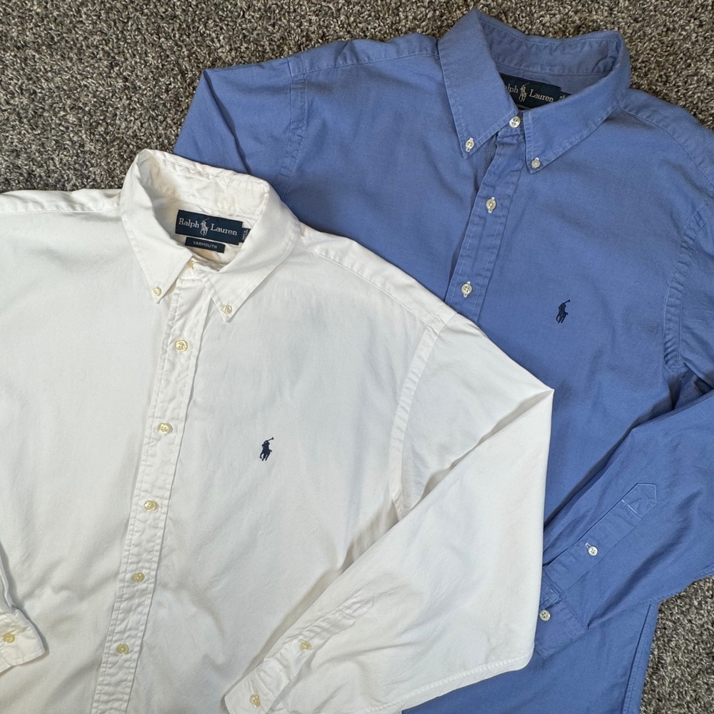 Lot 2 Ralph Lauren Dress Shirts Men 16.5 34/35 Blue White Classic Yarmouth Pony